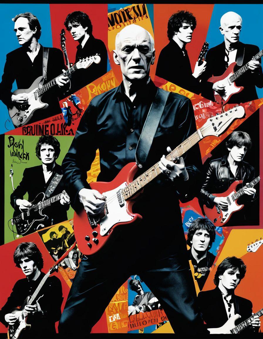 A vibrant collage featuring Wilko Johnson in action with his guitar, surrounded by iconic collaborators like Roger Daltrey and David Gilmour. The background should showcase elements of rock music history, including vintage concert posters and vinyl records. Incorporate dynamic splashes of color that evoke the energy of live performances. The overall mood should be nostalgic yet lively, reflecting the essence of influential collaborations. vector art. vibrant colors. 3D effects.