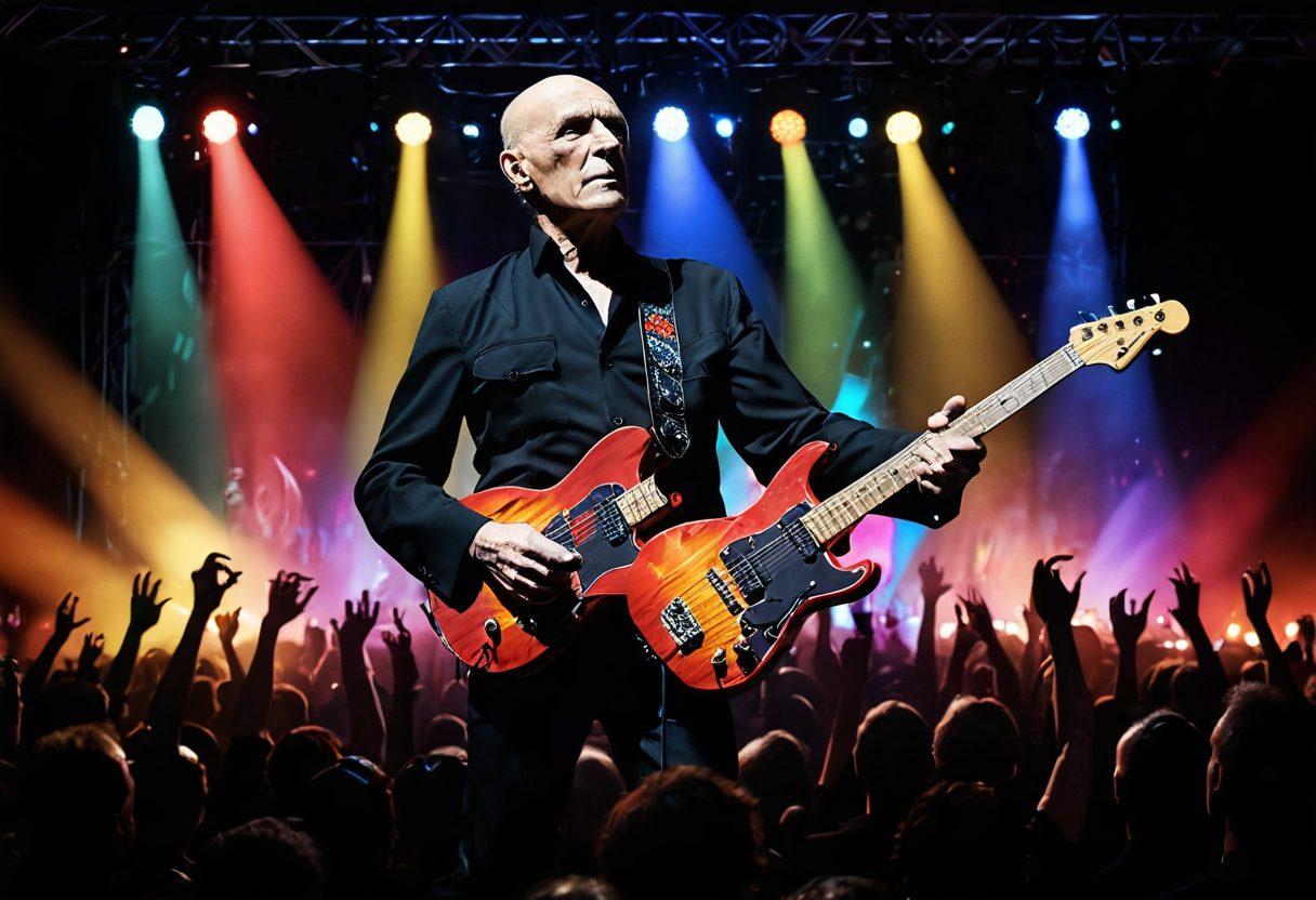A dynamic illustration of Wilko Johnson performing on stage, with vibrant lights illuminating him, evoking the energy of rock music. Surround him with an audience captivated by his performance, showcasing a crowd that spans different ages and backgrounds. Include elements that symbolize his journey, like guitar picks and records in the foreground. The backdrop can feature a legendary rock venue to enhance the atmosphere. super-realistic. vibrant colors. dynamic composition.
