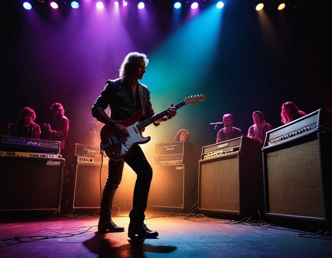 A rock musician in a spotlight, transitioning from the shadows of a backstage area to a vibrant, electrifying stage filled with enthusiastic fans. The image captures the excitement of the performance, showcasing guitar amps, colorful stage lights, and a dynamic pose of the musician. Include a dramatic contrast between the dark backstage and vivid stage colors, illustrating the journey of a rock legend. hyper-realistic. vibrant colors. dynamic lighting.